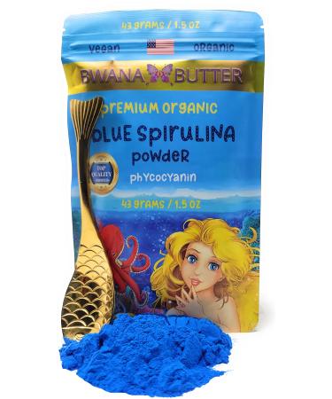 Bwana Butter Organic Blue Spirulina Powder Phycocyanin Food Coloring a Powerful Protein Antioxidant Superfood with Immunity Support & Recipes Collectible Mermaid Spoon Inside 43 Servings (1.5 oz.) 1.50 Ounce (Pack of 1)