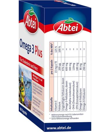 Abbey Omega 3 Plus - Omega-3 Dietary Supplements for Heart Health & Cholesterol - 60 Capsules with Vitamin E & Folic Acid - Buy Online on GoSupps.com