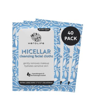 HEROLIFE Single-Use Micellar Cleansing Facial Cloths, Plant-Based, 1 pack of 40 Pre-moistened Single-use Cloths, Large size 7.1 x 7.5 Biodegradable Wipes formulated with Plant-derived ingredients (40 individually Wrapped Wipes Total)