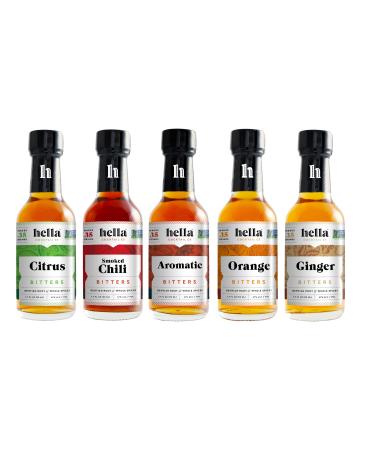 Hella Cocktail Co. 5-Pack Bitters Bar Set (8.5 Fl Oz Total) - Craft Aromatic, Orange, Ginger, Citrus, and Smoked Chili Cocktail Bitters Made with Real Fruit Peel and Whole Spices Variety Pack 1.7 Ounce (Pack of 5)