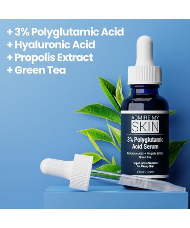 Admire My Skin Organic Polyglutamic Acid Serum - Hydrating Anti-Aging Formula with Hyaluronic Acid & Propolis | 1oz - Shop Internationally - Buy Online on GoSupps.com