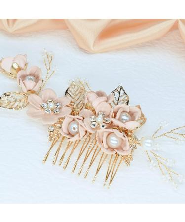 Wedding Hair Accessories Fanvoes Hair Pieces Comb for Bride Bridal - Gold Headpiece Barrette w/Handmade Pink Flower Ivory Pearl Rhinestone - Buy Online on GoSupps.com