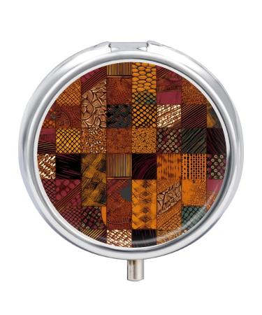 Round Pill Box African Style Patchwork Print 3 Compartment Medicine Pill Case Print Pill Organizer Decorative Metal Portable Pill Box Pocket Pill Box