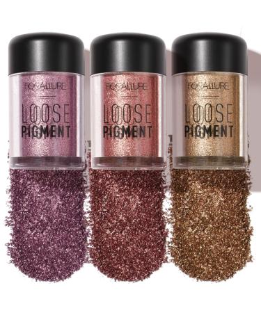 FOCALLURE 3 Pcs Mineral Eyeshadow Pigment Waterproof Loose Glitter Eyeshadow Long Lasting Sparkling Finish Eye Shadow with High-pigment Formula Easy to Create High-impact Eye Looks Mauves It