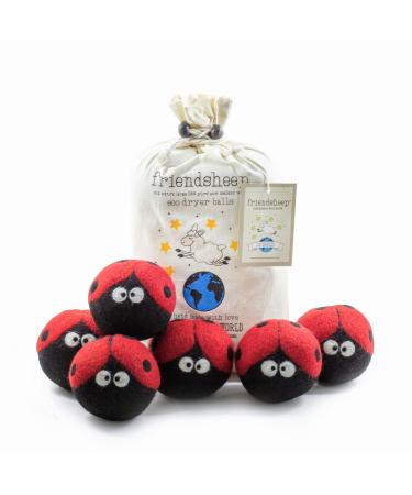 Friendsheep Wool Dryer Balls 6 Pack XL Organic Premium Reusable Cruelty Free Handmade Fair Trade No Lint Fabric Softener Ladybugs - Laundrybugs