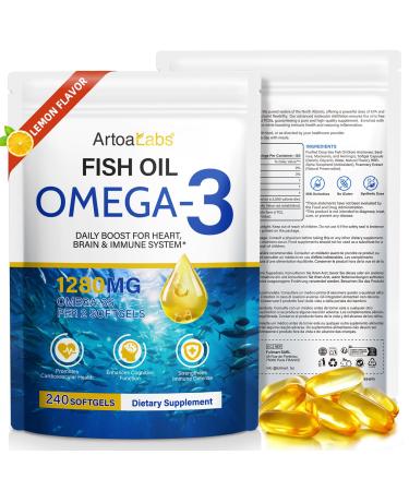 Omega 3 Fish Oil 240 Softgels from Deep Sea Fish Lemon Flavored-with EPA & DHA-Promotes Brain Heart Joint & Immune Health-20 Days Servings
