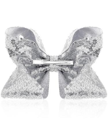 Sibba 8 Inch Sequin Hair Bow Clip for Girls and Women - Silver Glitter Oversized Barrette for Pigtail Hairstyles - Sweet Accessory - Buy Online on GoSupps.com