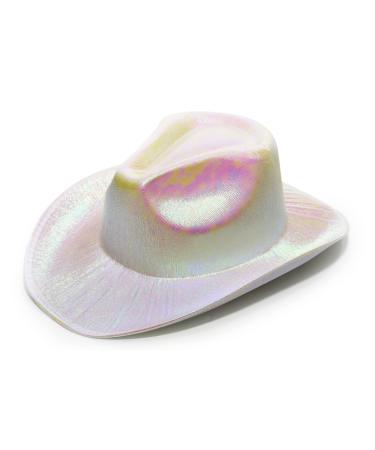 SoJourner Bags Neon Sparkly Glitter Space Cowboy Hat - Fun Metallic Holographic Party Disco Cowgirl Hat Metallic White