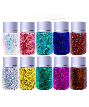 Body Face Glitter Gel SUPGIFT 10 Colors 10.6oz Holographic Chunky Laser Liquid Glitter Sequins Glue for Makeup Eyeshadow Hair Nail Slime Craft Resin with Spoon