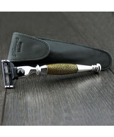 3 Edge Shaving Razor With Gold Antique Design on Handle Beard and Mustache Safety Razor For Mens Comes With Leather Pouch