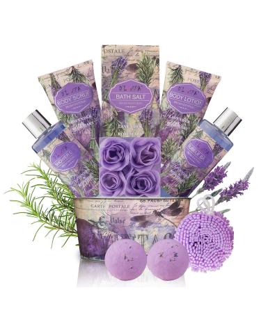 Relaxing Bath Gift Set for Women - Lavender and Rosemary Aromatherapy Basket at Home Spa Kit  Mothers day Birthday Holiday Gift Ideas for Mom - 13 Pack with Bubble Bath Bombs Show Gel Body Lotion