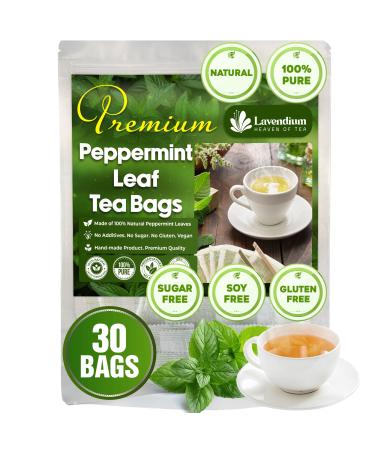 Lavendium Premium 30 Peppermint Tea Bags 100% Natural & Pure Peppermint Leaves. Loose Leaf Peppermint Herbal Tea. Peppermint Leaf Tea. No Sugar No Caffeine No Gluten Vegan.