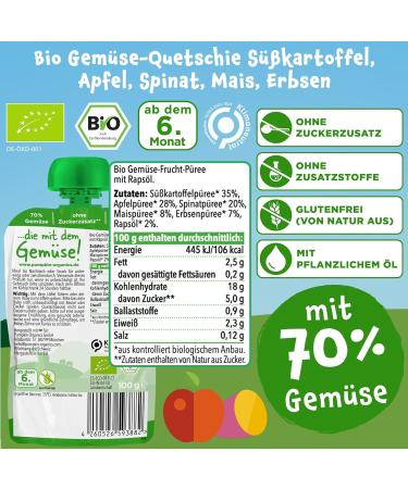 Pumpkin Organics Bio Vegetables Quetschies 8 Pack - Sugar-Free Baby Food with Sweet Potato Apple Spinach (Gluten-Free & Vegetarian) - Ideal for Babies 6 Months+ - Buy Online on GoSupps.com