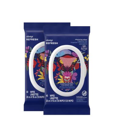 Always Refresh Cleansing Intimate Wipes For Women, Ph Balanced For Skin, Fragrance-Free, Gynecologist Tested, 40 Count X 2 Packs (80 Count Total) Unscented Wipes