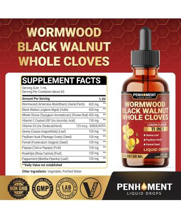 Penhoment 11in1 Wormwood Liquid Drops with Black Walnut Cloves, Vitamin C and D3 & 6 More - 2 FL OZ for 60 Days - Lemon Flavor - Buy Online on GoSupps.com