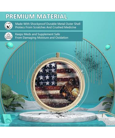 Retro Round Pill Box with Mirror - 3 Compartment Small Dose Container for Vitamins Fish Oil & Supplements - Y-13 Flag Baseball Design - Buy Online on GoSupps.com