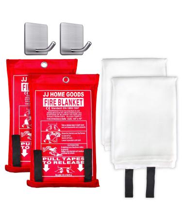 JJ Home Goods Fire Blanket for Home 40" x 40" (Pack of 2) +2 Hooks, Fire Suppression Blanket, Emergency Fire Blanket for People, Fire Blanket Kitchen, Emergency Use - White