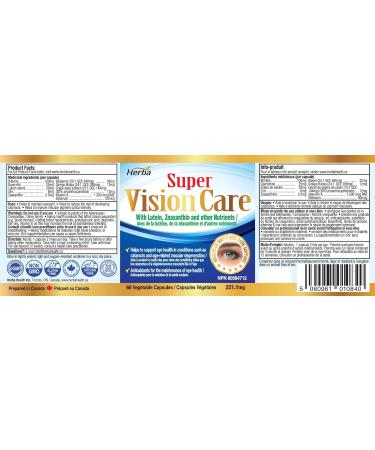 Herba Vision Care Supplement - Eye Vitamins with Lutein and Zeaxanthin 60 Capsules | Eye Health Supplements for Sight Care | Selenium Bilberry Blueberry and More | Eye Vitamins for Macular Degeneration and Vision Support | Made in Canada - Buy Online on GoSupps.com