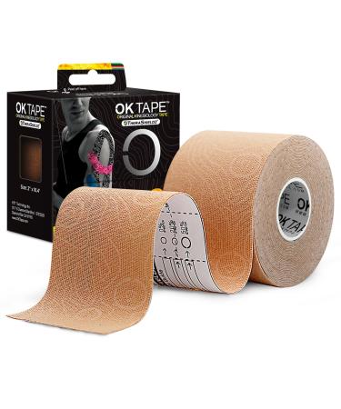OK TAPE PRO Kinesiology Tape, 2inch x Long Roll 16ft Free Cut Tape, Elastic Athletic Tape Therapeutic Latex Free, Beige+Beige