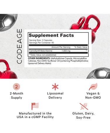 Codeage Liposomal Beta-Alanine Supplement - CarnoSyn - 180 Capsules for Pre & Post Workout - Non-GMO 2-Month Supply - Optimal Liposomal Delivery - Buy Online on GoSupps.com