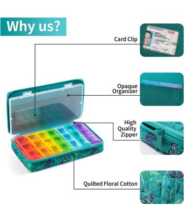Weekly Pill Organizer 3 Times a Day | Travel Pill Case with Quilted Zipper Bag | 7 Day Vitamin & Medicine Organizer - Green Butterfly - Buy Online on GoSupps.com