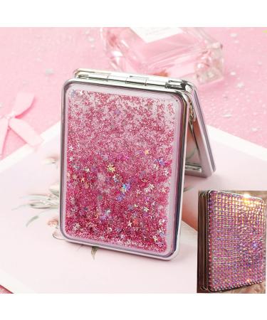 Reabhpy Compact Mirror  Quicksand Pocket Mirror Square with Blingbling Diamond Foldable Fashion Hand Mirror 1X/2X for Purses and Travel Women Girls Gifts (Pink) Pink-square