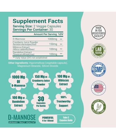 Natural D Mannose 1000mg Capsules | Antioxidant-Rich Cranberry & Hibiscus Supplement | UTI Support for Women | 30-Day Supply | Boost Urinary Tract Health - Buy Online on GoSupps.com