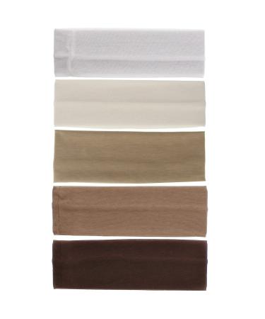 Zac's Alter Ego Set of 5 Elasticated Lycra Fabric 7cm Kylie Headbands - Assorted Colours White / Cream / Dark Beige / Beige / Brown