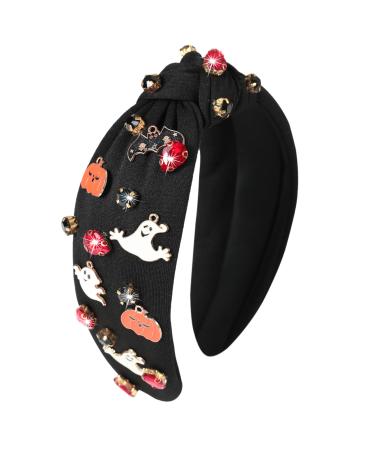 Gmmidea Halloween Jeweled Headbands for Women Girls Beaded Boo Pumpkin Ghost Bat Headband Sparkly Rhinestone Knotted Headband Cute Halloween Costume Headpiece Hair Accessories (Ghost & Pumpkin)-black