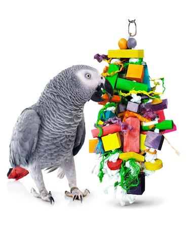 SunGrow Parrot Wooden and Rope Chewing Toy, Multi-Shaped and Multicolored Blocks and Cotton Rope with Hanging Loop 16 Inches