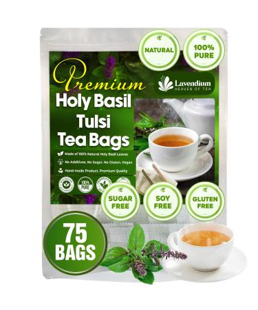 Lavendium 75 HolyBasil Tea Bags 100% Natural & Pure Tulsi Holy Basil Leaves Loose Leaf Holy Basil Herbal Tea. Holy Basil Leaf Tea. No Sugar No Caffeine No Gluten Vegan.