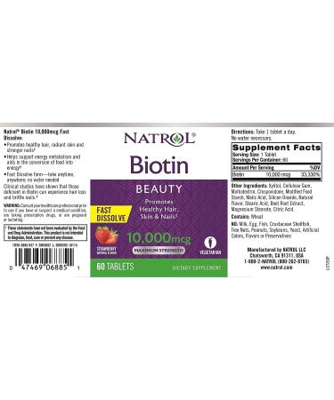 Natrol Biotin Beauty Tablets - 10,000mcg for Healthy Hair, Skin & Nails - 60 Count Strawberry - Buy Online on GoSupps.com