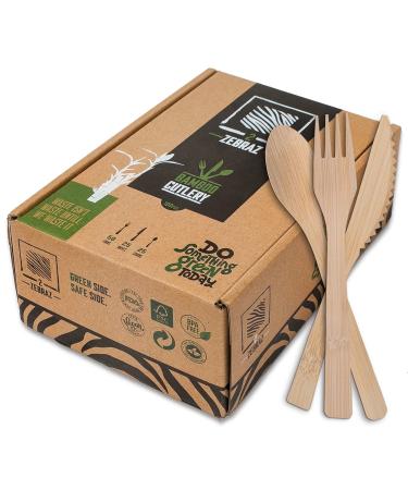 2ZEBRAZ 100% Bamboo Cutlery Set - 50 Forks, 25 Knives, 25 Spoons, Smooth Reusable Bamboo Silverware, Compostable and Durable Disposable Utensils, Eco-Friendly Flatware in Premium Box Set of 100