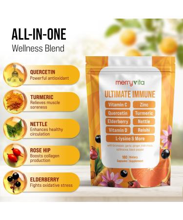 MERRY VITA Liposomal Vitamin C 1000mg - Immune Support Supplement with Zinc, Rose Hips, Elderberry, Quercetin, Bioflavonoids - Natural, Vegan, Non-GMO - 180 Capsules - Buy Online on GoSupps.com