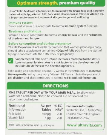 Vitabiotics Ultra Folic Acid Tablets 400mcg with Vitamin B12 - 60 Tablets - Buy Online on GoSupps.com