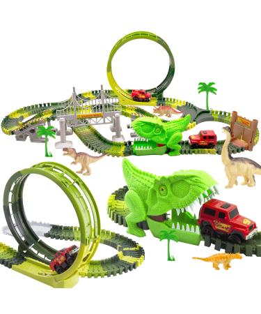 288 Pcs Dinosaur Race Car Tracks Set for Kids,Flexible Train Tracks to Create A Dino World Road with Bridge, 2 Electric Race Cars Best Gift for Toddlers Boys and Girls Large 2