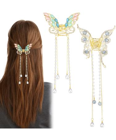 2 Pcs Gold Butterfly Tassel Hair Claw Clips Rhinestone Pearl Hair Claw Clamps Crystal Metal Hair Clips Sparkling Exquisite Hair Clips Hair Styling Accessories for Women Girls - Buy Online on GoSupps.com