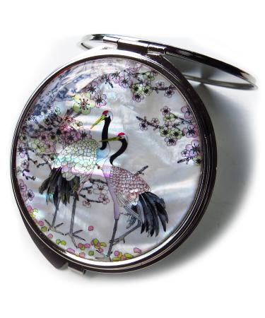 MADDesign Mother of Pearl Compact Mirror Round Double Sided Folding Magnify Crane Apricot Tree Design