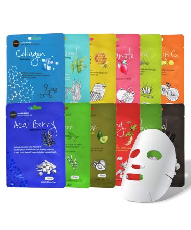 Celavi Essence Facial Sheet Face Mask Variety Set Classic Authentic Korean Moisturizing Skincare (12-Packs) Assorted 12 Pack
