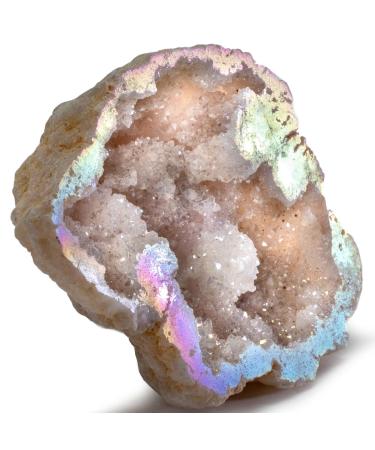 KALIFANO Angel Aura Quartz Geode - Titanium Bonded High Energy Crystal Cuarzo Cluster/Druzy with Information Card - Natural Reiki Rock Used for Clarity and Purpose (Family Owned and Operated)