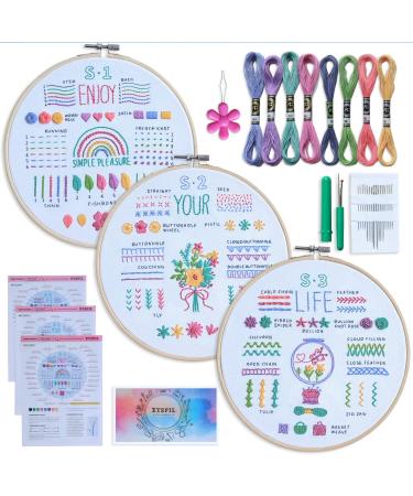 ETSPIL 3 Sets Embroidery Kit for Beginners Learn 33 Different Stitches Includes Stamped Pattern  Hoop  Color Threads Tools Easy to Follow Instruction & Video