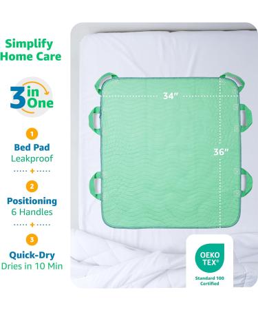 Improvia Fast Drying Bed Pad with Handles - Washable Waterproof Incontinence Inlays for Elderly & Bedridden - 34x36 Inches 6 Handles - Buy Online on GoSupps.com