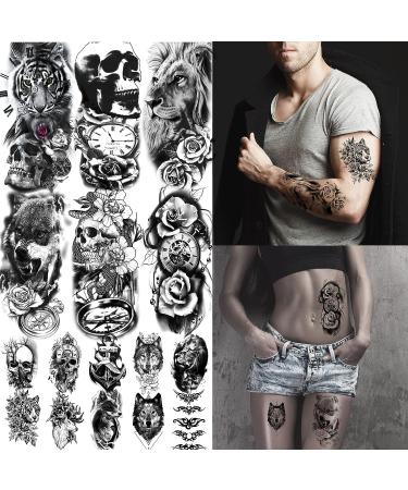 XIYOKA 72 Sheets Temporary Tattoos - 12 Large Black 3D Realistic Forearm Half Sleeve Tiger Lion Wolf Skeleton & Skull Halloween Fake Tattoos - Buy Online on GoSupps.com