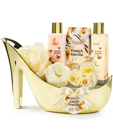 Elegant French Vanilla Bath Set Gold High Heel Shoe Spa Gift for Gifting Pampering & Home Decor Shower Gel Body Lotion Bath Salts Soap Flower & Many More