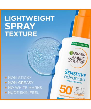 Garnier Ambre Solaire SPF 50+ Sensitive Advanced Sun Cream Spray 150ml - Water Resistant & Non Greasy Sunscreen - Buy Online on GoSupps.com