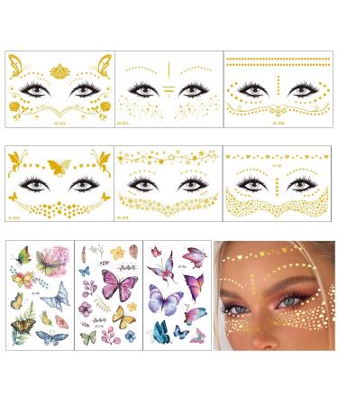 9 Sheets Face Temporary Face Tattoo  6 Sheets Metallic Glitter Transfer Face Tattoo 3 Sheets Butterfly Face Tattoos Stickers for Women  Gold Freckle Face Makeup Tattoo Stickers for Party(Vibrant)