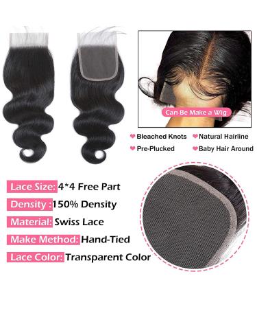 LS HAIR Body Wave Bundles with Closure - 100% Unprocessed Brazilian Virgin Human Hair - 14 16 18 with 12 Free Part Lace Closure - Natural Black 3 Bundles + 4X4 Closure - Buy Online on GoSupps.com