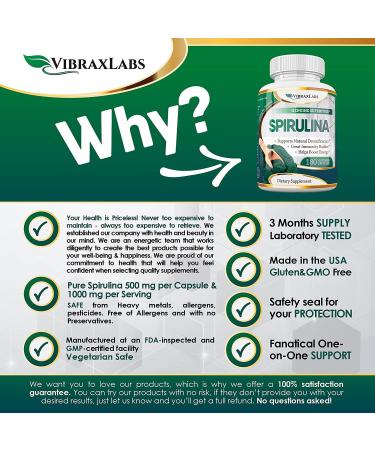 VibraxLabs 100% Pure Spirulina Capsules - 1000mg Serving, Detox & Cellular Health Support, with Chlorella - 500mg Veggie Capsules - Buy Online on GoSupps.com