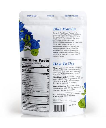 Ancient Choice Butterfly Pea Flower Powder - 4 oz | Blue Matcha Tea | Ceremonial Grade | Raw Culinary | Natural Food Coloring - Buy Online on GoSupps.com