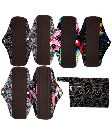 7pcs Set 1pc Mini Wet Bag +6pcs 10 Inch Regular Charcoal Bamboo Mama Cloth/Menstrual Pads/Reusable Sanitary Pads (Black Lace)